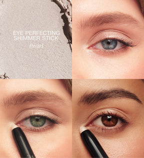 Mini Eye Shimmer Set mit Eye Perfecting Shimmer Stick in Pearl Swatch und Anwendung auf blauen, grünen und braunen Augen