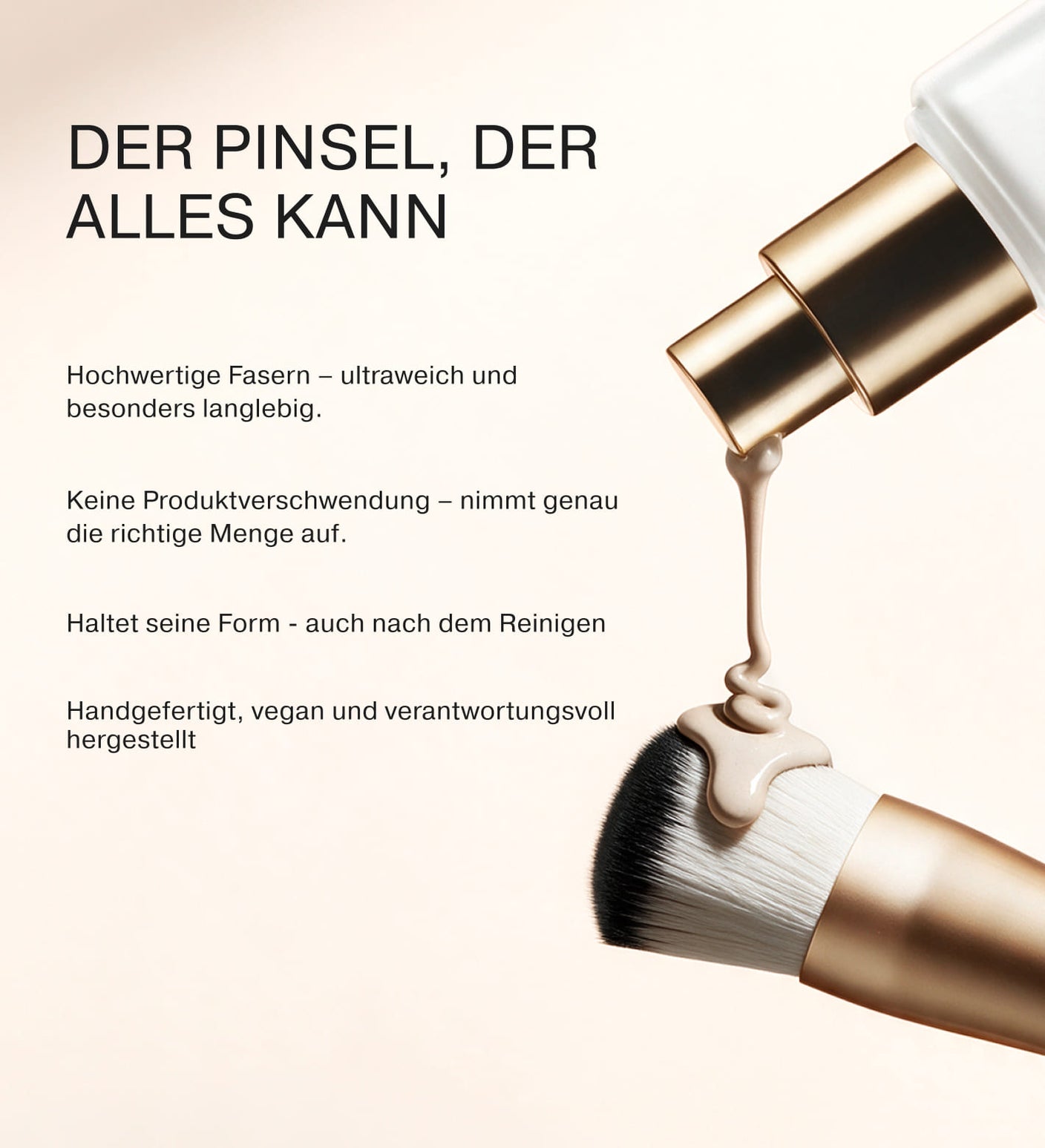 2-in-1 Build & Conceal Brush mit weichen synthetischen Borsten beim Auftragen von flüssiger Foundation.