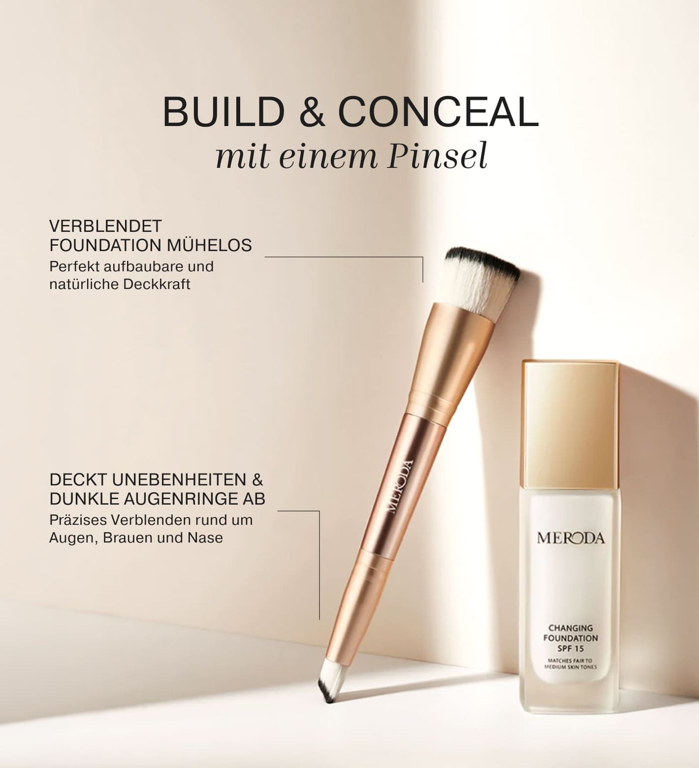 2-in-1 Build & Conceal Brush neben Foundation zur Demonstration der synthetischen Borsten für nahtloses Auftragen.