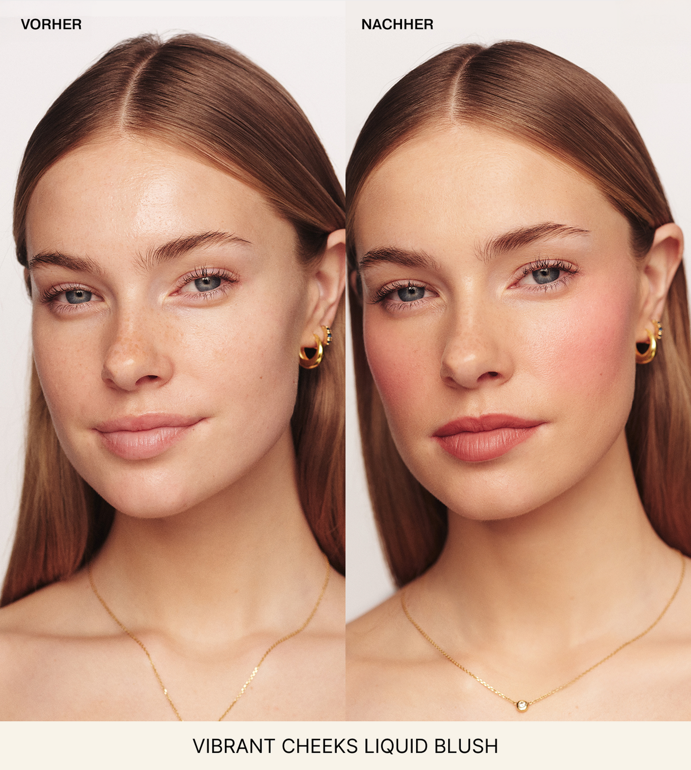 Meroda Cosmetics Vibrant Cheeks Liquid Blush Vorher-Nachher-Vergleich, der einen sanften, gesunden Glow auf den Wangen zeigt