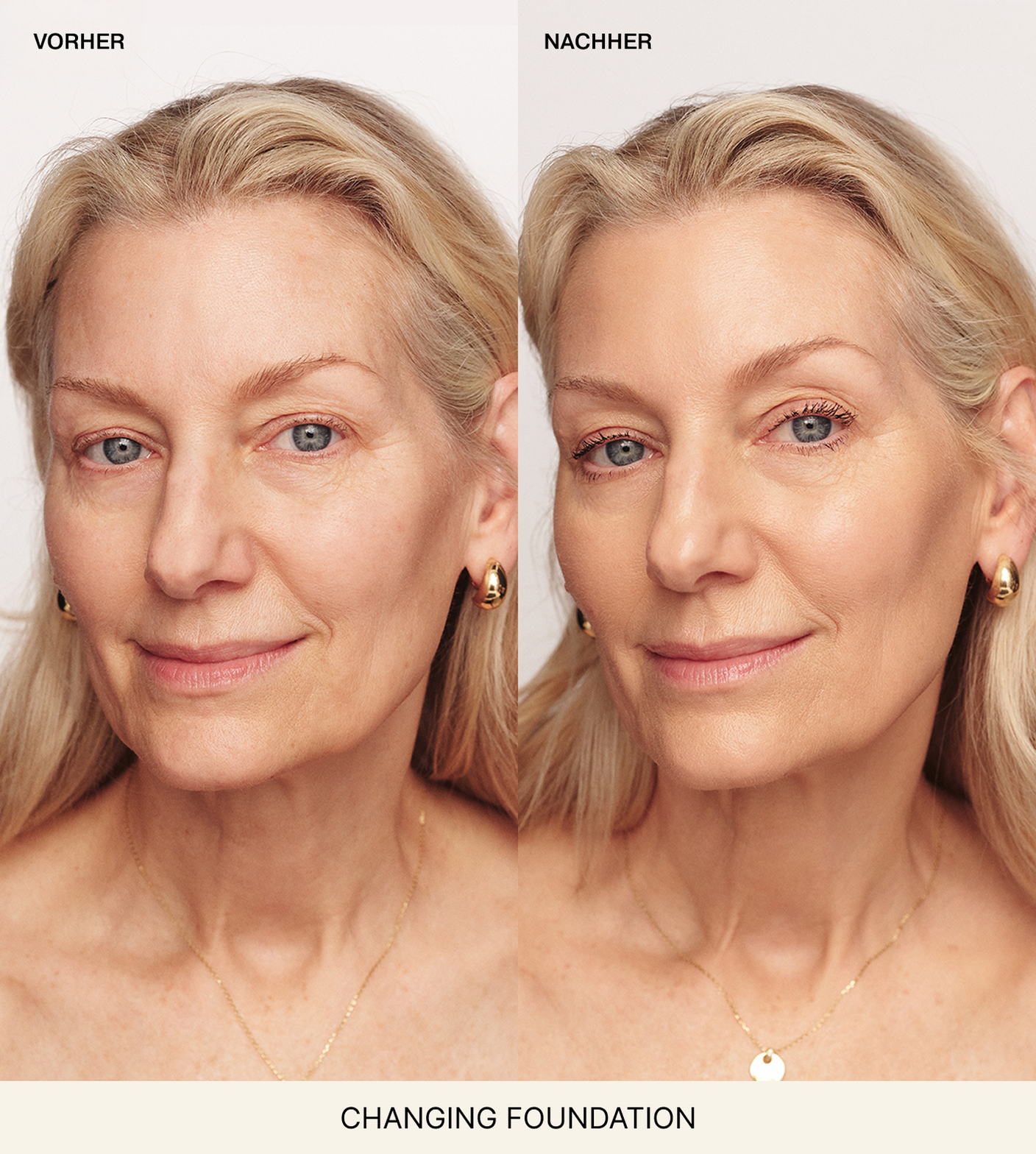 Changing Foundation Vorher-Nachher-Vergleich bei einer Frau mit reifer Haut, die Rötungen und Unregelmäßigkeiten für einen natürlichen Look kaschiert
