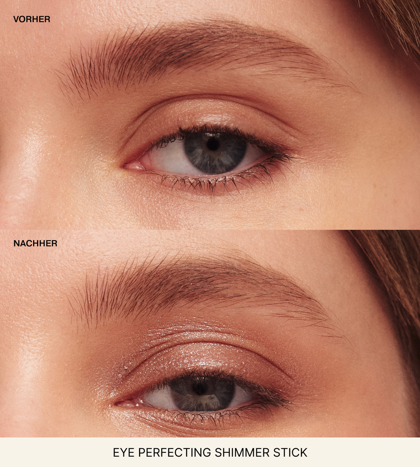 Meroda Cosmetics Essential Duo (+3 Gratisgeschenke) mit Vorher-Nachher-Vergleich des Eye Perfecting Shimmer Stick