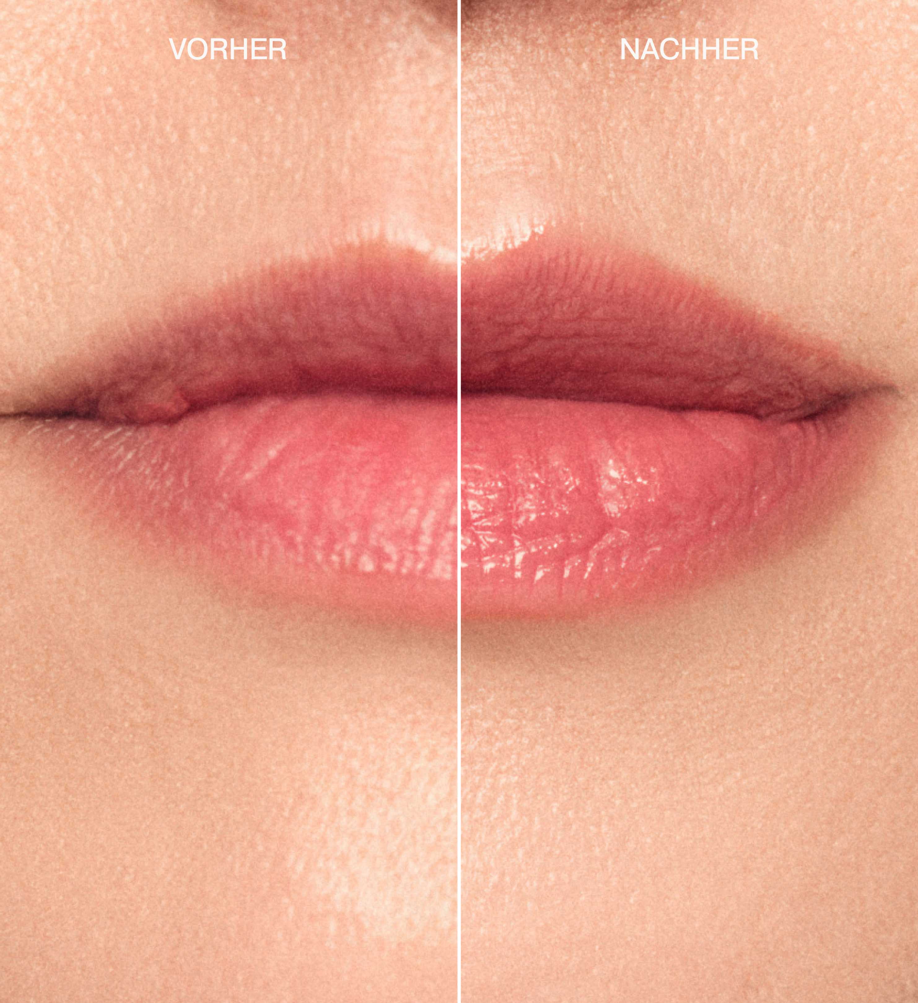 Vorher-Nachher-Vergleich mit dem Meroda Cosmetics Hydrating Lip Tint für glänzende Lippen in Peachy Rose