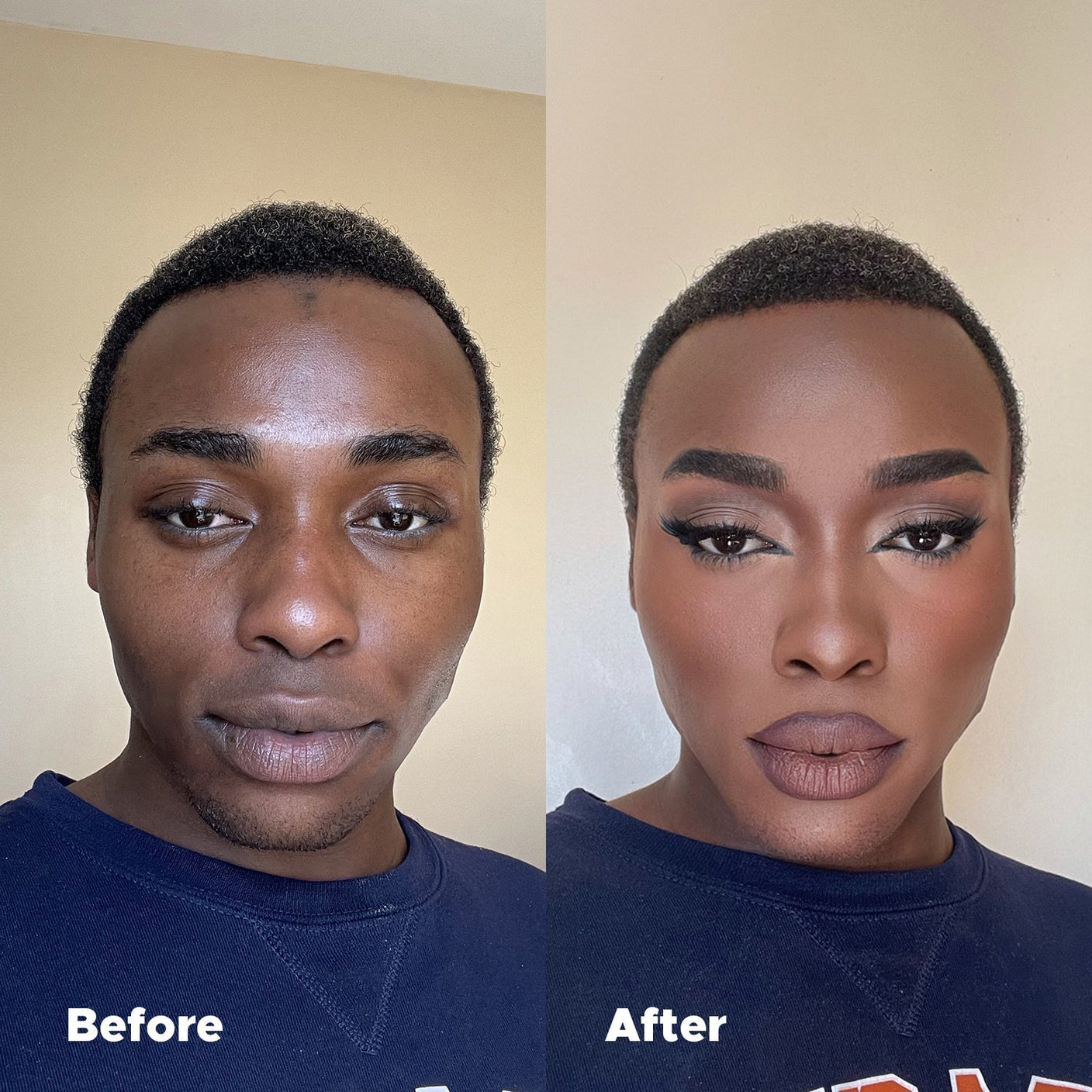 Vorher-Nachher-Vergleich mit Universal Foundation auf dunkler Haut für ein natürliches mattes Finish