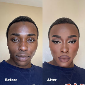 Vorher-Nachher-Vergleich mit Universal Foundation auf dunkler Haut für ein natürliches mattes Finish