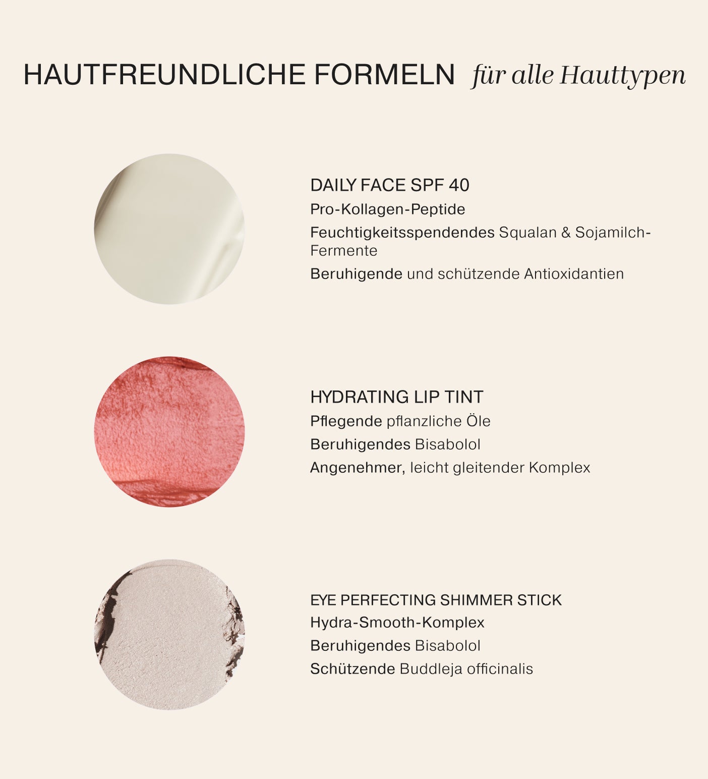 Sunkissed Trio Swatches und Inhaltsstoffe von Daily Face SPF 40, Hydrating Lip Tint und Eye Perfecting Shimmer Stick.