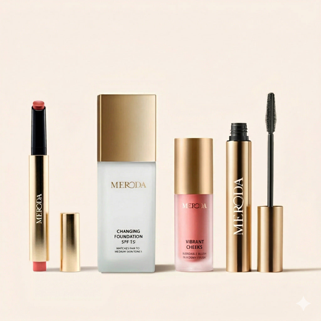 On The Go Bundle mit Changing Foundation, Gilded Lashes Mascara, Vibrant Cheeks Blush und Hydrating Lip Tint in Gold.
