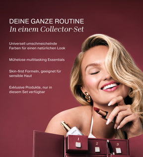 Lächelndes blondes Model hält einen Lippenstift neben einem geöffneten Adventskalender mit Beauty-Produkten und deutschem Text.