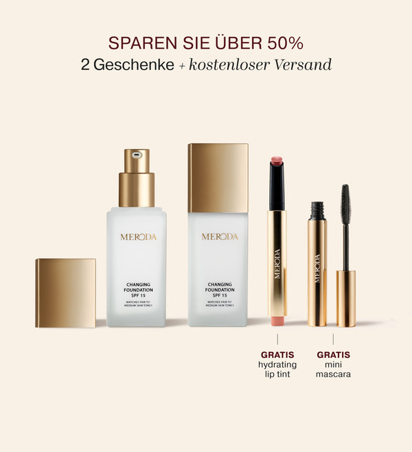 Foundation-Duo-Bundle mit zwei Changing-Foundation-Flaschen sowie einem kostenlosen Hydrating Lip Tint und einer Mini-Mascara.