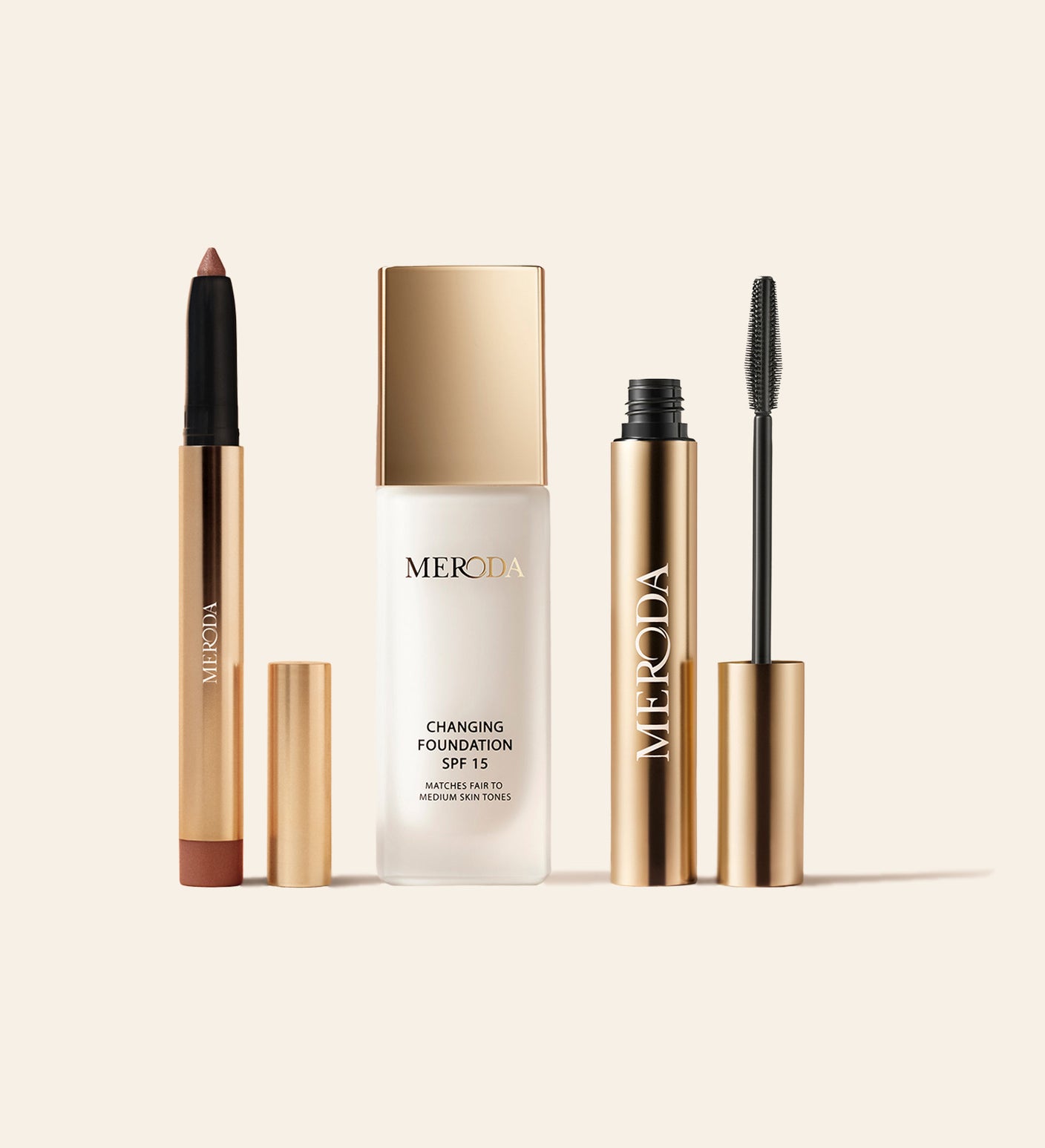 Meroda Cosmetics The Power Trio: Changing Foundation, Gilded Lashes Mascara und Eye Perfecting Shimmer Stick in Gold