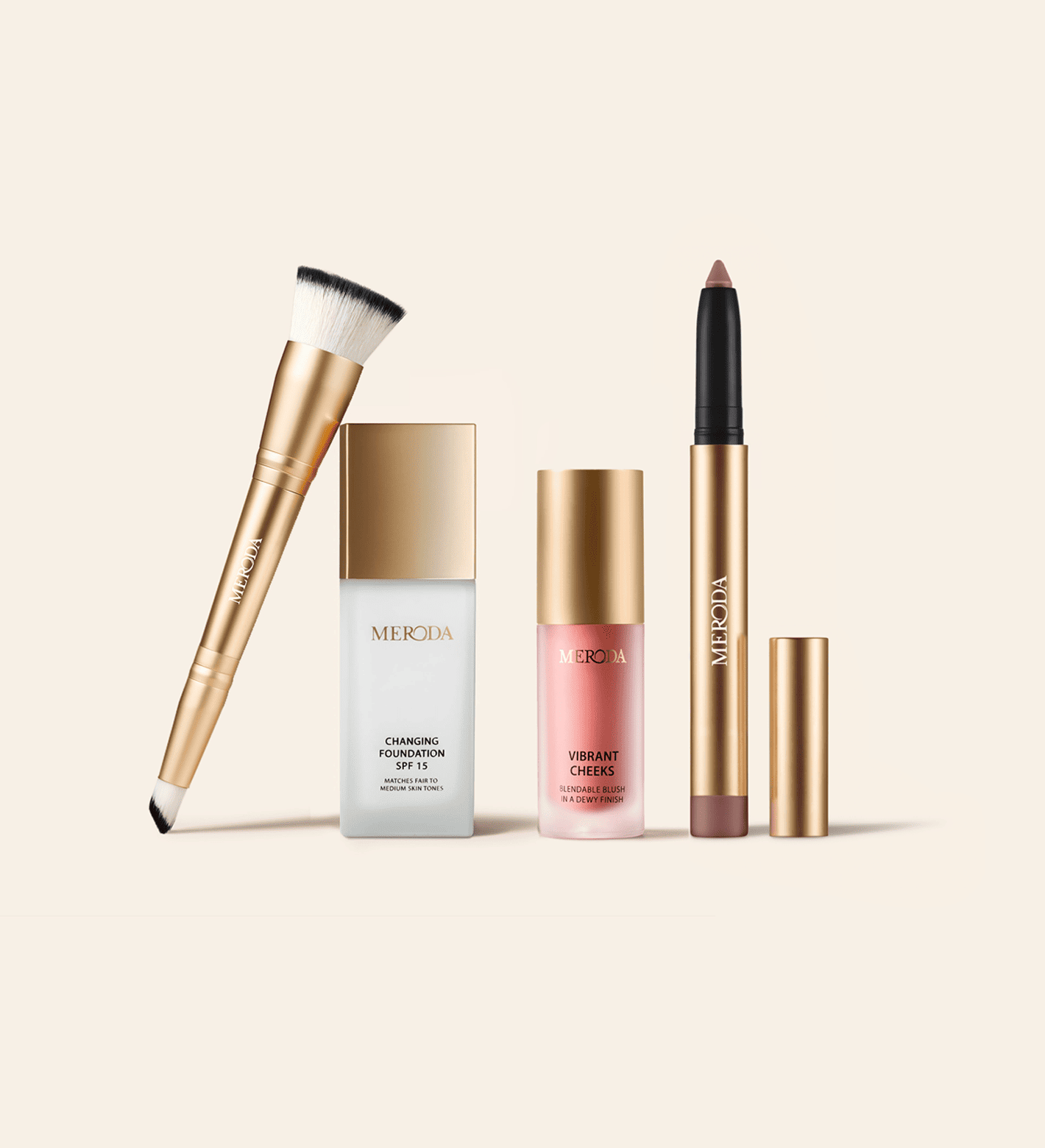 Meroda Cosmetics The Daily Routine Set mit Changing Foundation, 2-in-1 Build & Conceal Brush, Vibrant Cheek Blush und Eye Perfecting Shimmer Stick auf hellem Hintergrund