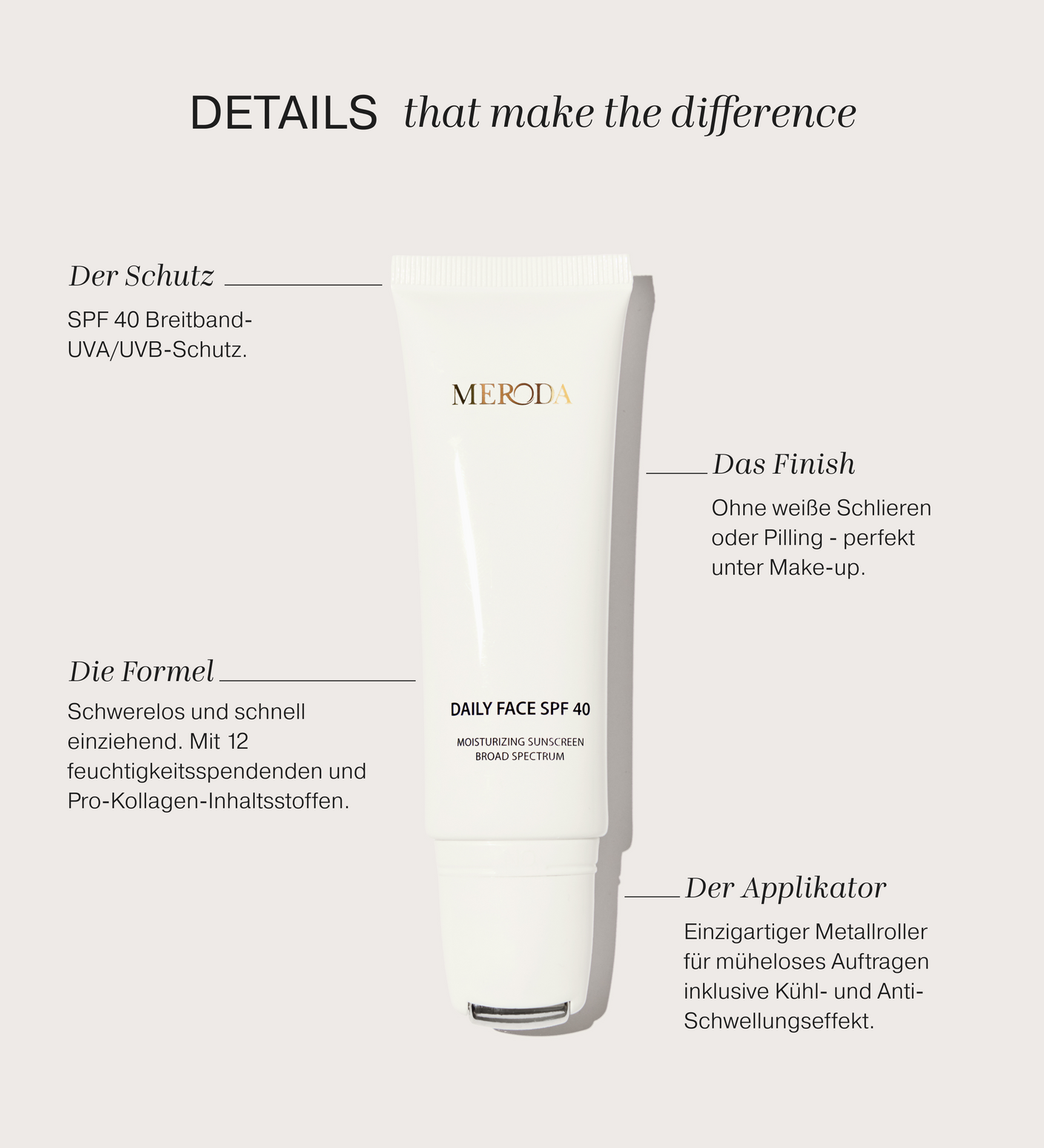 Daily Face SPF 40 Tube mit kühlendem Metall-Rollerball-Applikator und Text zu den Vorteilen der Hautpflege.