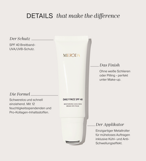 Daily Face SPF 40 Tube mit kühlendem Metall-Rollerball-Applikator und Text zu den Vorteilen der Hautpflege.