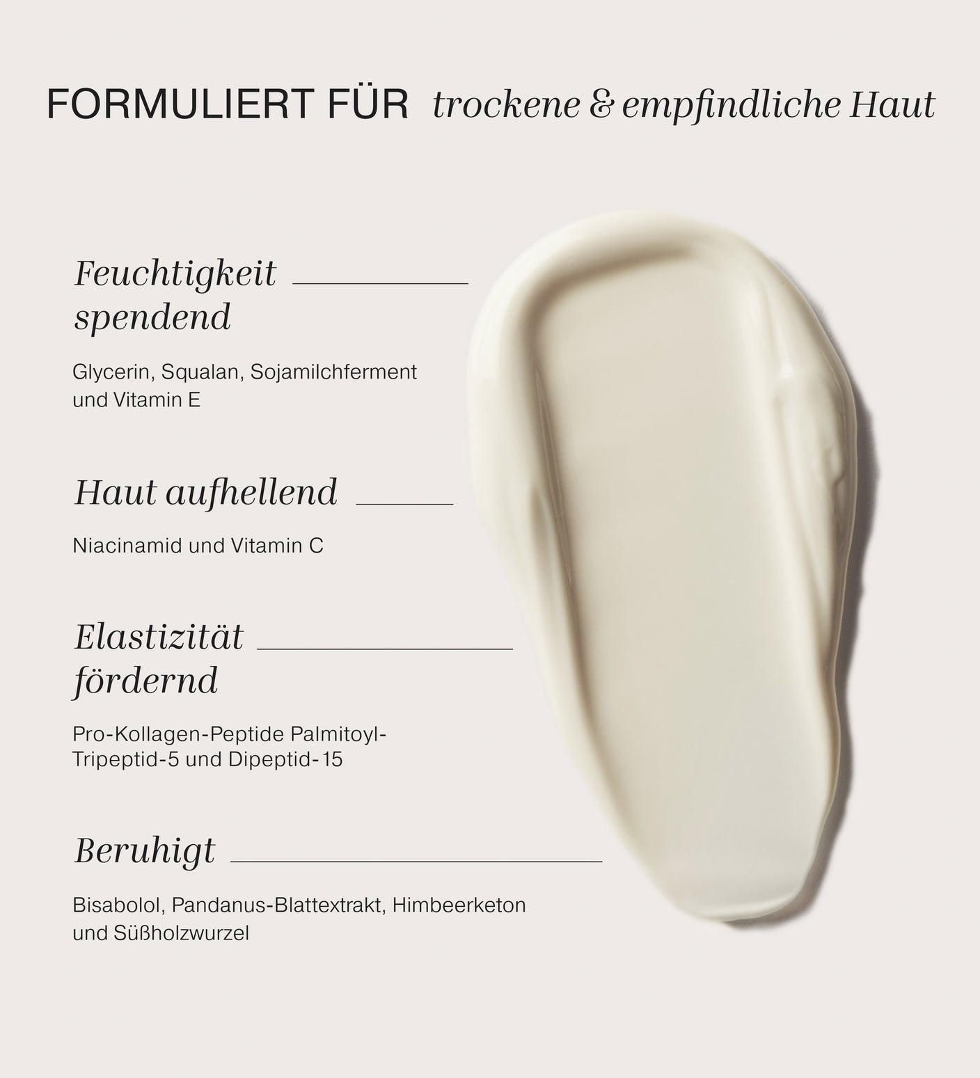 Cremige Textur des Daily Face SPF 40 mit Wirkstoffen wie Niacinamid und Squalan für empfindliche Haut.