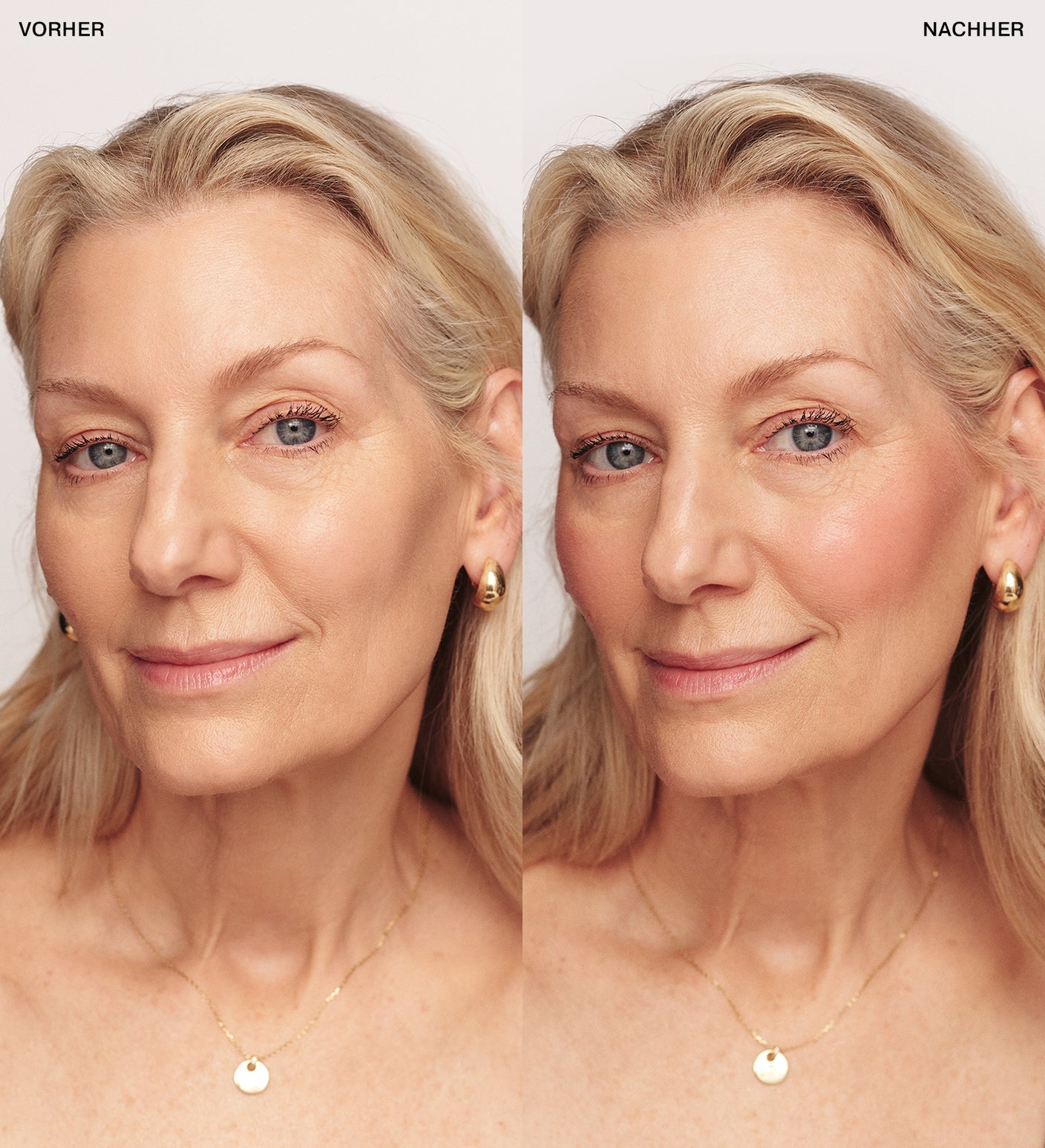 Meroda Cosmetics Mini Blush in Dusty Rose Vorher-Nachher-Vergleich, der natürliche rosige Wangen zeigt