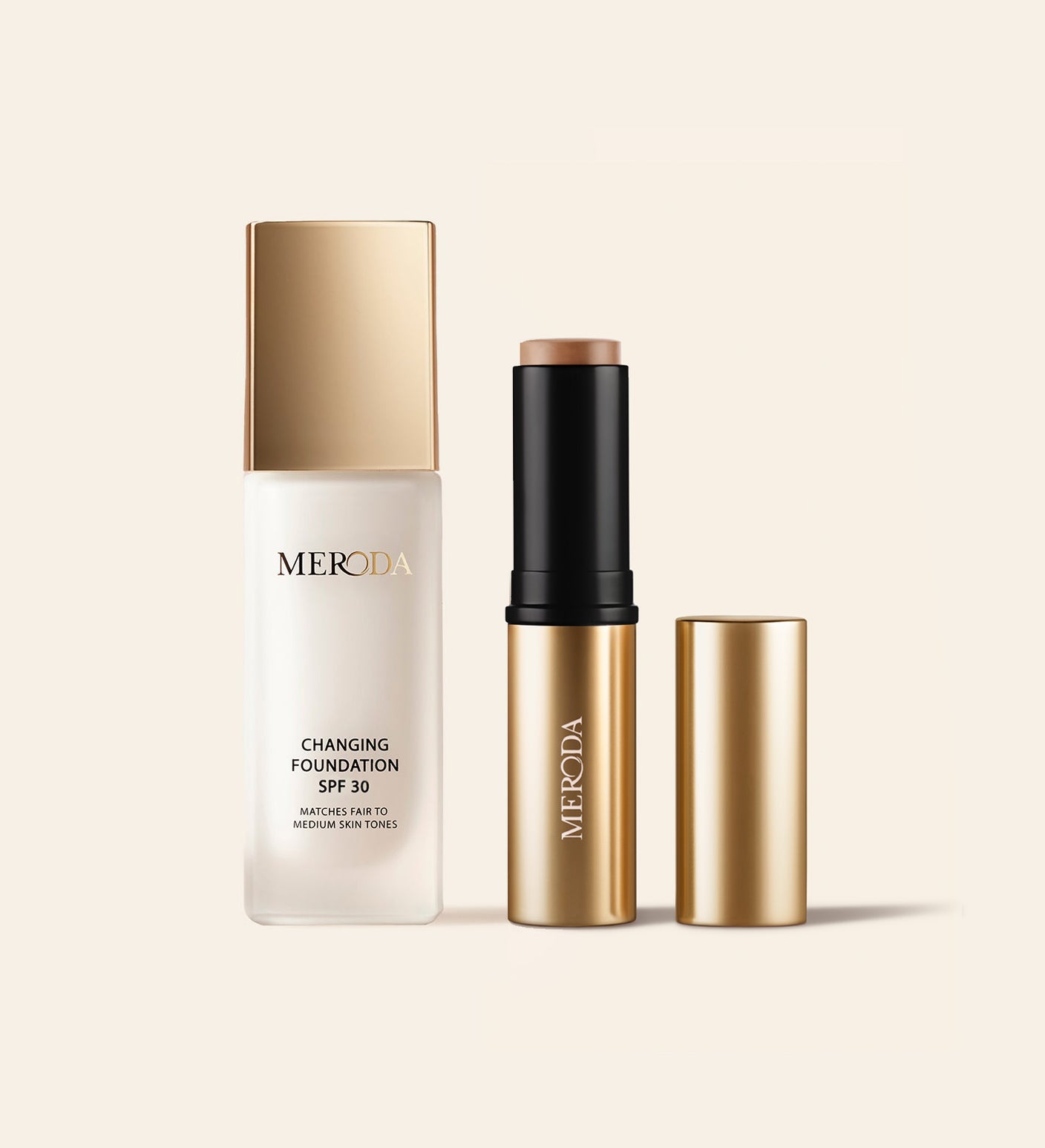 Bronzer Base Bundle mit Changing Foundation SPF 30 und Soft Tan Bronzer Stick auf hellem Hintergrund.