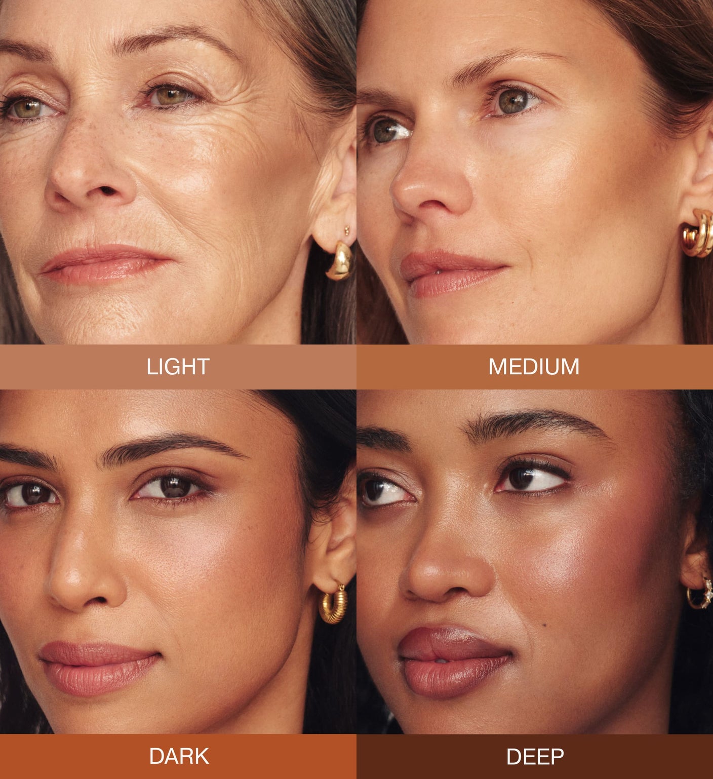 Soft Tan Bronzer Farbfinder mit den Nuancen Light, Medium, Dark und Deep auf diversen Hauttönen