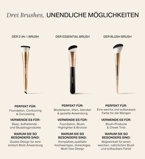 Vergleichstabelle für The 2-in-1 Brush, The Essential Brush und The Blush Brush mit Funktionen und Anwendungstipps