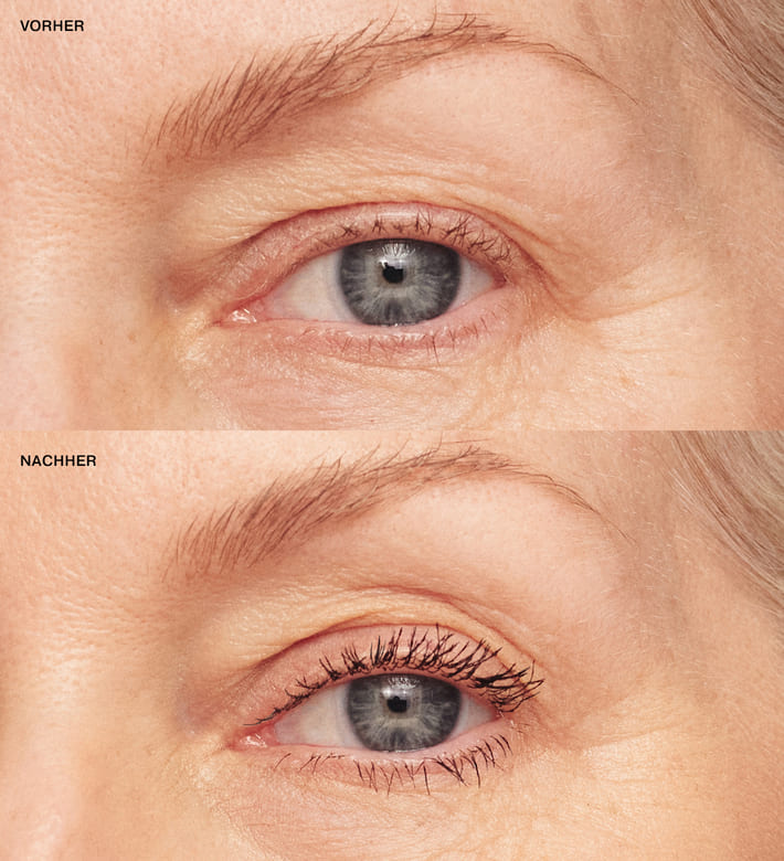 Gilded Lashes Mascara vor und nach der Anwendung zeigt Länge und Volumen