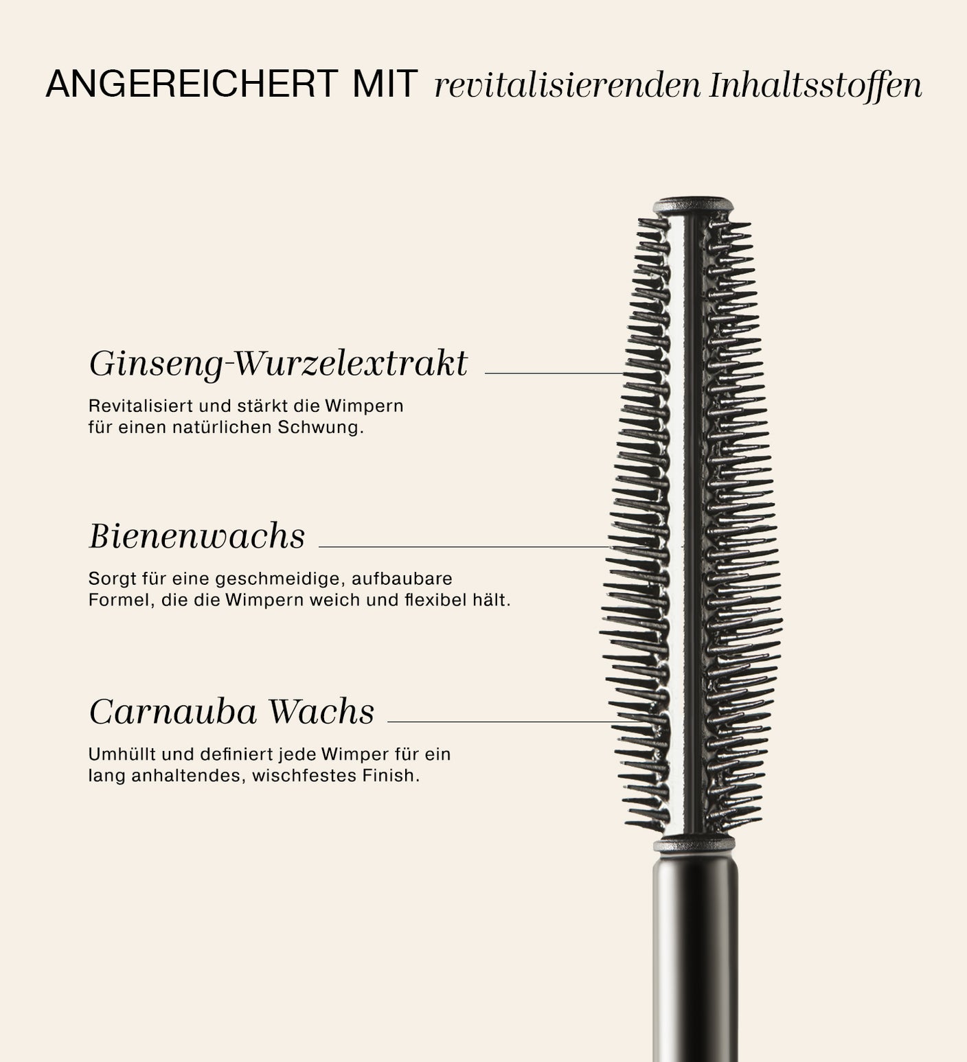 Gilded Lashes Mascara Bürste, die die Hauptinhaltsstoffe Ginseng-Wurzelextrakt, Bienenwachs und Carnaubawachs hervorhebt