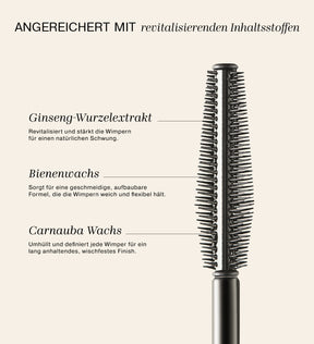 Gilded Lashes Mascara Bürste, die die Hauptinhaltsstoffe Ginseng-Wurzelextrakt, Bienenwachs und Carnaubawachs hervorhebt
