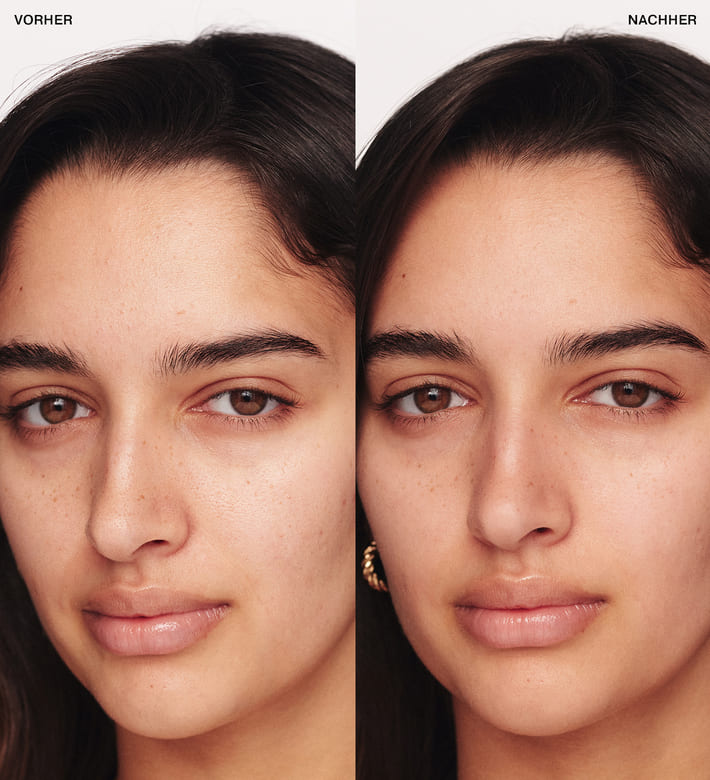 Velvet Skin Primer Vorher-Nachher-Vergleich, der minimierte Poren und feine Linien zeigt