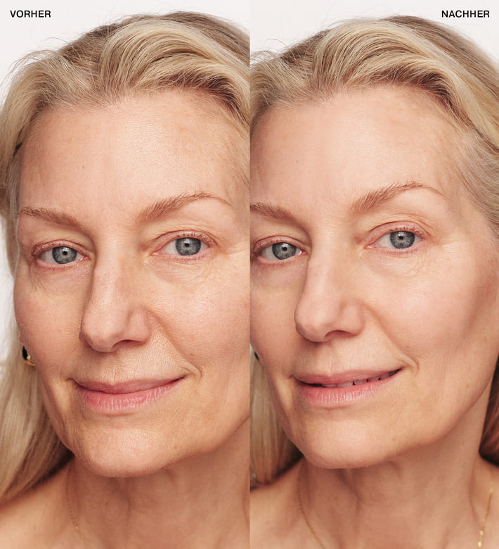 Meroda Cosmetics Velvet Skin Primer Vorher-Nachher-Vergleich an einem reiferen Model, der minimierte Poren und reduzierte Rötungen zeigt