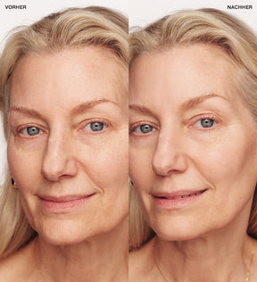 Meroda Cosmetics Velvet Skin Primer Vorher-Nachher-Vergleich an einem reiferen Model, der minimierte Poren und reduzierte Rötungen zeigt