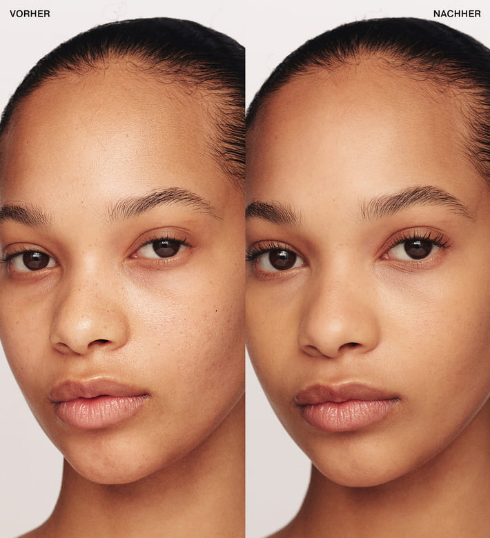 Meroda Cosmetics Velvet Skin Primer Vorher-Nachher-Vergleich, der kaschierte Poren und eine glatte Hauttextur zeigt