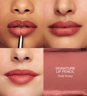 Signature Lip Pencil in Pink Peony Anwendung und Swatch aus dem The Valentines Bundle.