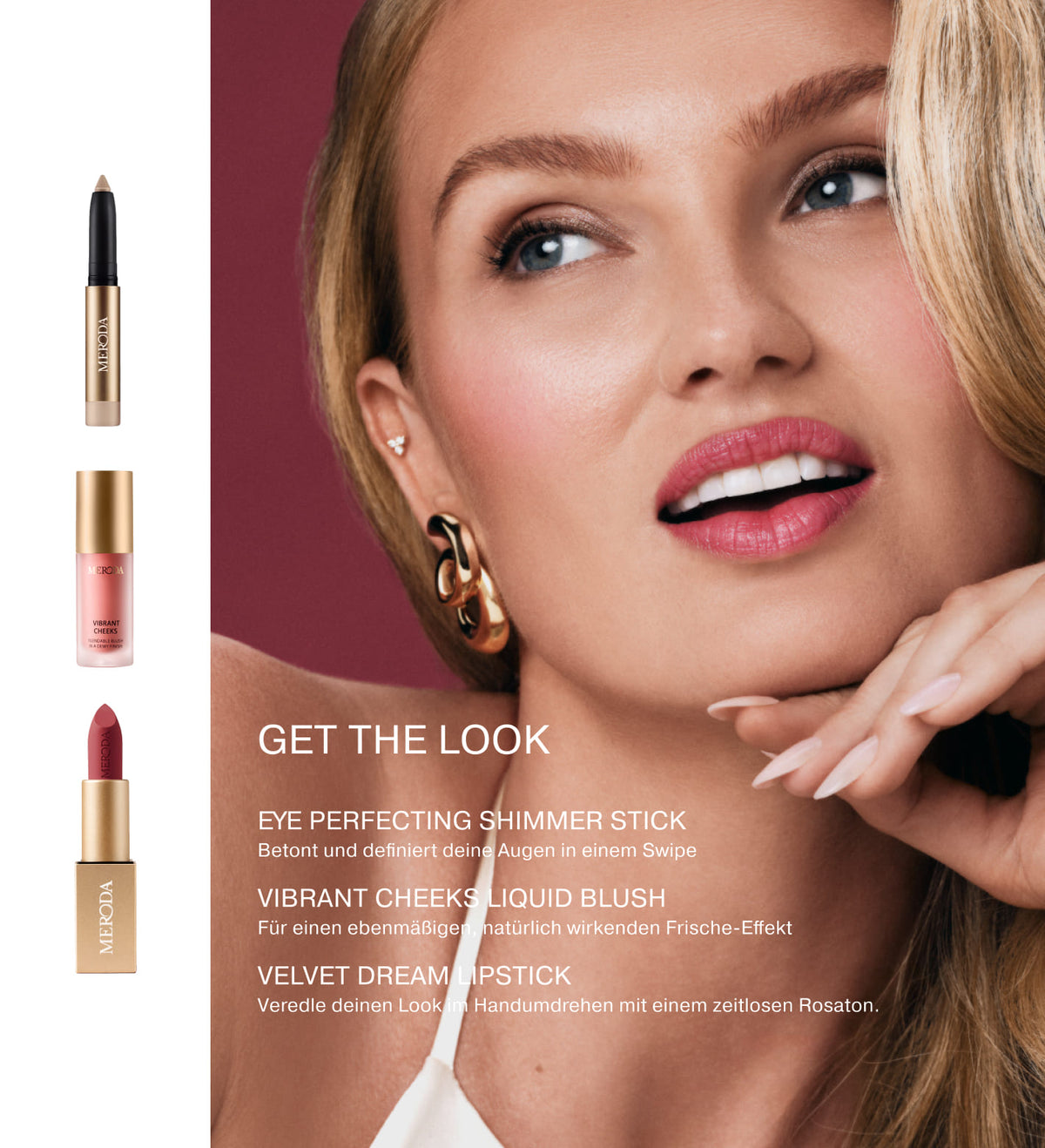 Nahaufnahme eines Models mit dem kompletten Make-up-Look aus dem Adventskalender, präsentiert mit ausgewählten Kosmetikprodukten.