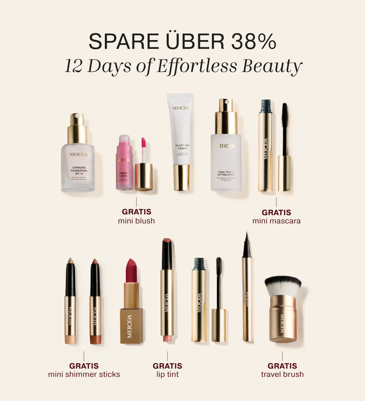 Adventskalender Produkt-Lineup mit Foundation, Primer, Make-up-Pinseln und Beauty-Essentials für einen natürlichen Look.