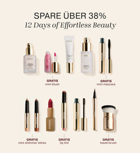 Adventskalender Produkt-Lineup mit Foundation, Primer, Make-up-Pinseln und Beauty-Essentials für einen natürlichen Look.