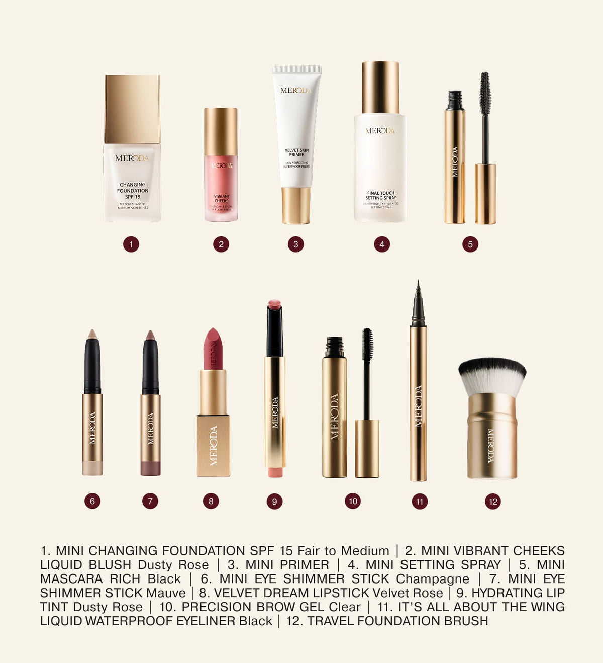 Übersicht der 12 Beauty-Produkte des Adventskalenders mit Make-up-Essentials, Tools und praktischen Reisegrößen.