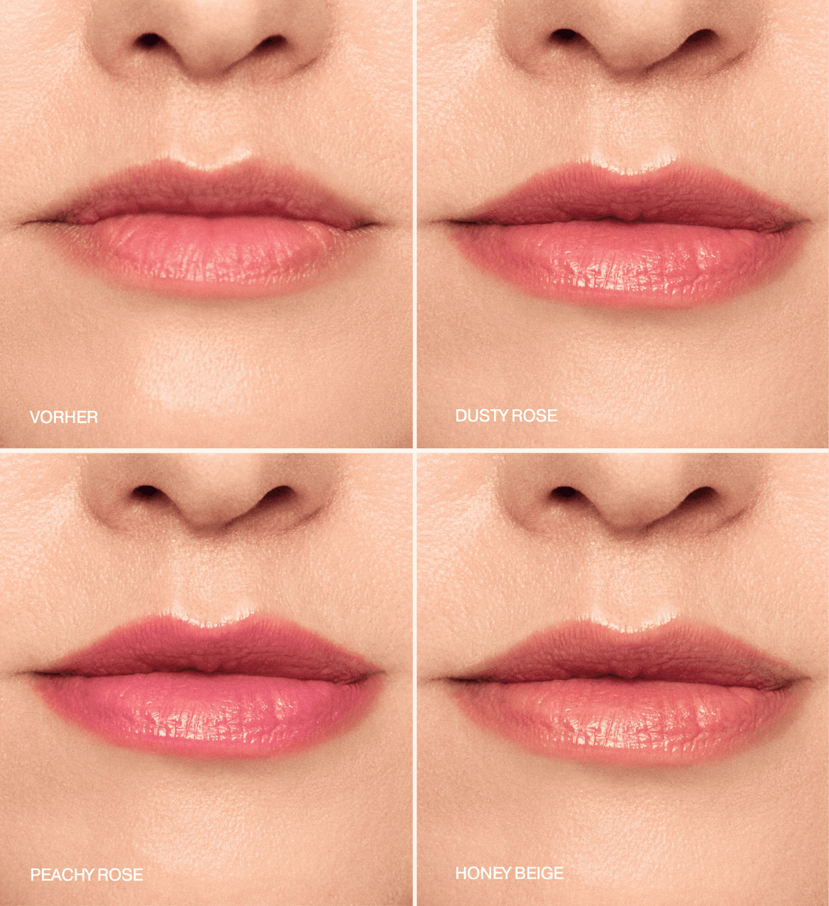Mini Lip Tint Trio zeigt Vorher- und Nachher-Vergleiche für die Nuancen Dusty Rose, Peachy Rose und Honey Beige.