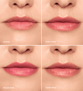 Mini Lip Tint Trio zeigt Vorher- und Nachher-Vergleiche für die Nuancen Dusty Rose, Peachy Rose und Honey Beige.