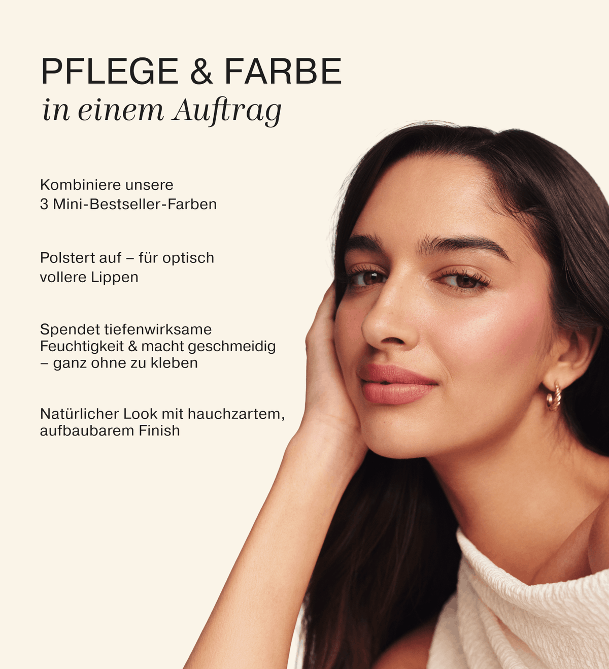 Mini Lip Tint Trio Vorteile gezeigt an Model mit hydratisierten Lippen und weichem, natürlichen Finish.