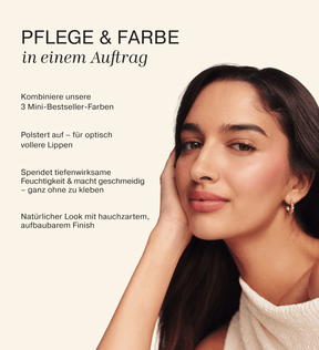 Mini Lip Tint Trio Vorteile gezeigt an Model mit hydratisierten Lippen und weichem, natürlichen Finish.