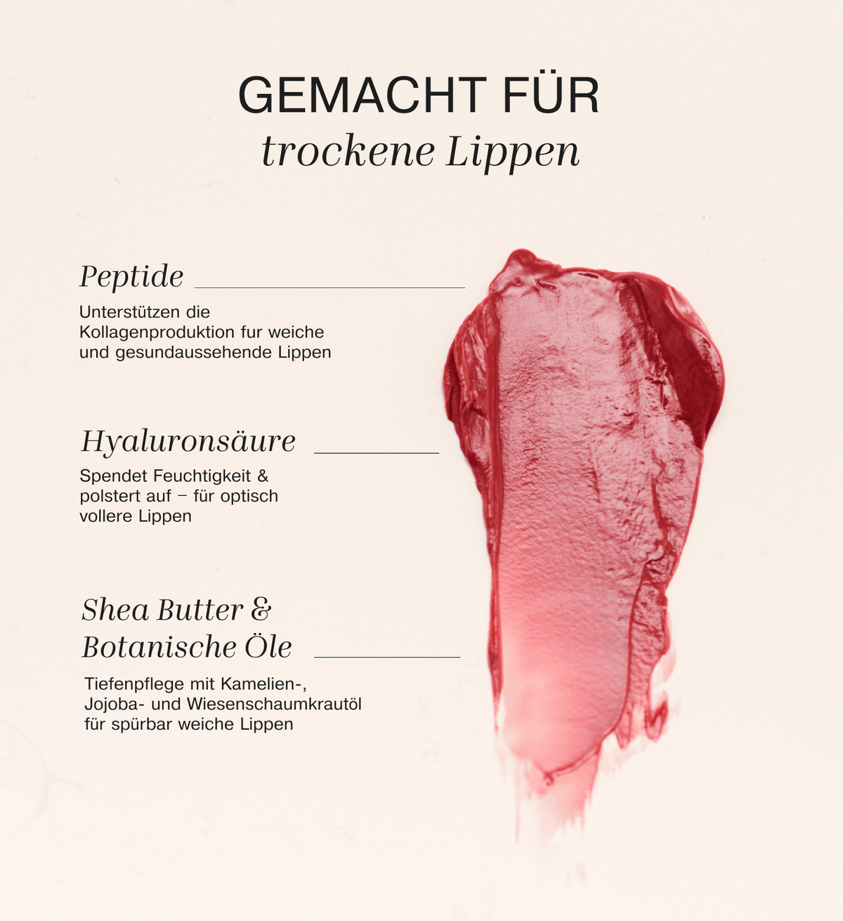 Mini Lip Tint Trio zeigt pflegende Inhaltsstoffe wie Peptide, Hyaluronsäure, Sheabutter und pflanzliche Öle.