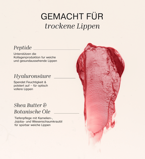 Mini Lip Tint Trio zeigt pflegende Inhaltsstoffe wie Peptide, Hyaluronsäure, Sheabutter und pflanzliche Öle.
