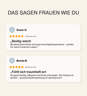 Kundenbewertungen zum Mini Lip Tint Trio zeigen positives Feedback zu Feuchtigkeit und Textur.