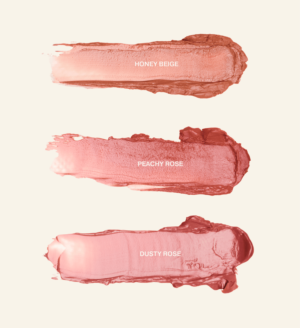 Mini Lip Tint Trio Textur-Swatches in Honey Beige, Peachy Rose und Dusty Rose für einen glänzenden Look.