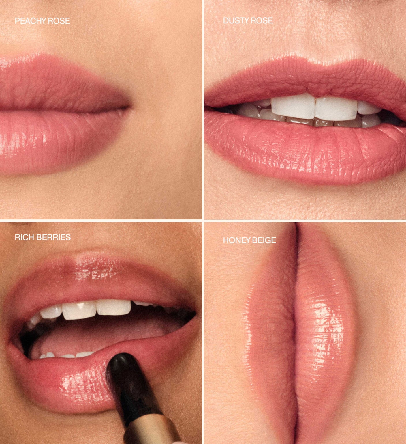Hydrating Lip Tint Farbfinder mit Lippen-Swatches in Peachy Rose, Dusty Rose, Rich Berries und Honey Beige.