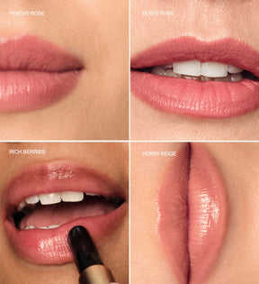 Hydrating Lip Tint Farbfinder mit Lippen-Swatches in Peachy Rose, Dusty Rose, Rich Berries und Honey Beige.