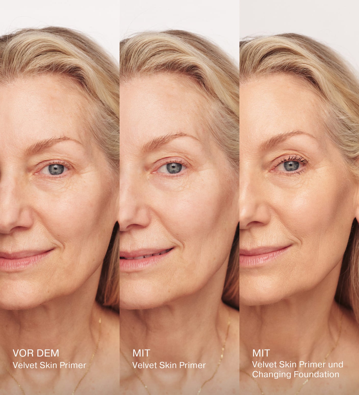 Velvet Skin Primer Vorher- und Nachher-Demonstration an einem Model mit glättender Wirkung, porenverfeinerndem Finish und aufgetragener Foundation.