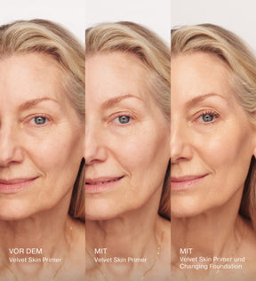 Velvet Skin Primer Vorher- und Nachher-Demonstration an einem Model mit glättender Wirkung, porenverfeinerndem Finish und aufgetragener Foundation.