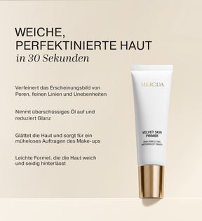 Velvet Skin Primer Tube in Weiß mit goldener Kappe vor cremigem Hintergrund mit deutschen Produktvorteilen.