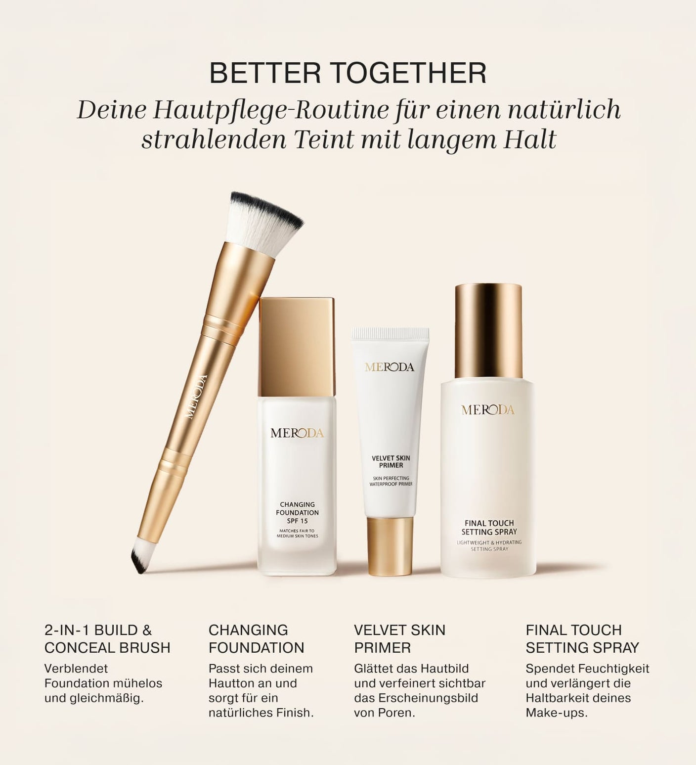 Velvet Skin Primer Bundle inklusive Foundation Pinsel, Changing Foundation, Velvet Skin Primer und Setting Spray.