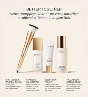 Velvet Skin Primer Bundle inklusive Foundation Pinsel, Changing Foundation, Velvet Skin Primer und Setting Spray.