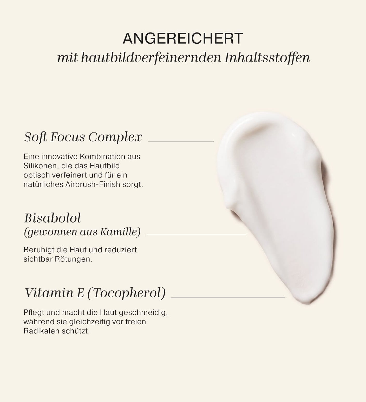 Velvet Skin Primer Swatch mit deutschen Details zu Inhaltsstoffen wie Soft Focus Complex, Bisabolol und Vitamin E
